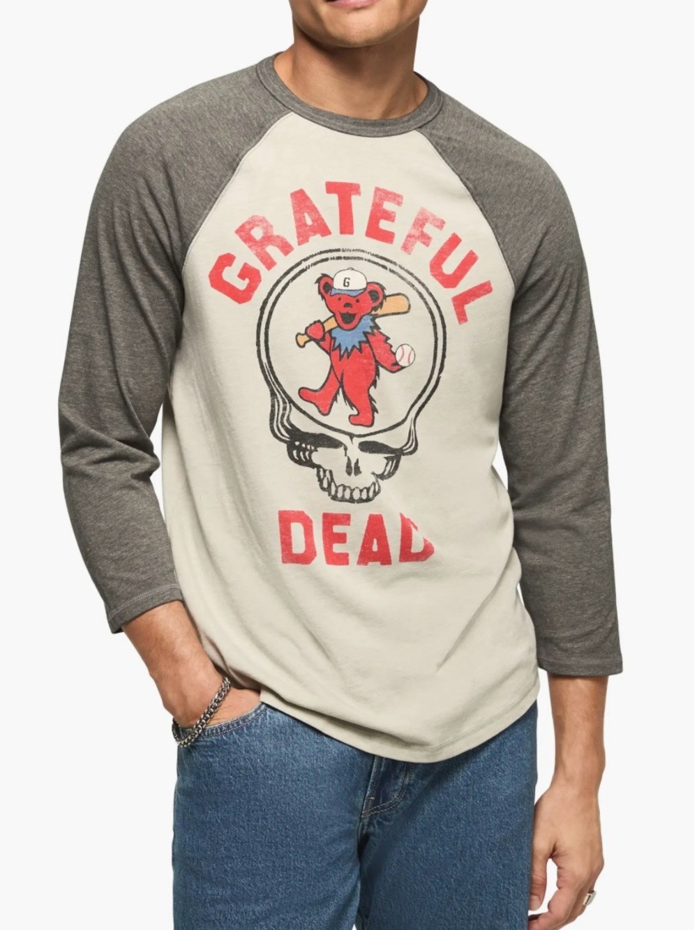 Lucky Men’s Grateful Dead Baseball Raglan Shirt - Cream with Gray Sleeves M